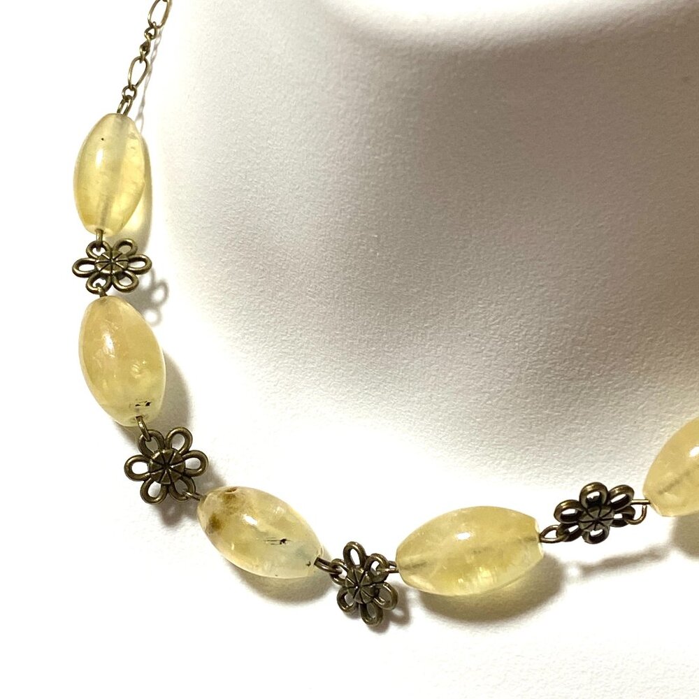 Natural Yellow Prehnite Necklace, Genuine Gemstones & Bronze Flower Chain